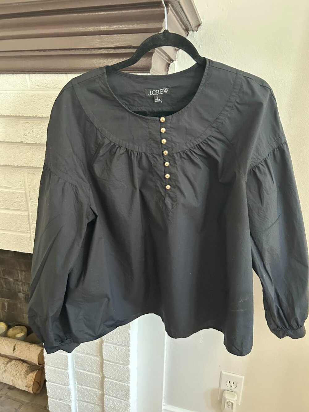 J. Crew Shirred Popover Black Shirt in Cotton Poplin 100% Cotton Size Large